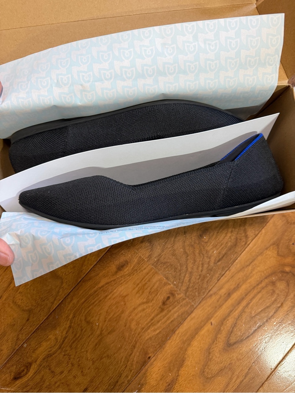 Rothy's Black Pointed Knit Ballet Flat with Blue Trim The Point II - Picture 2 of 5